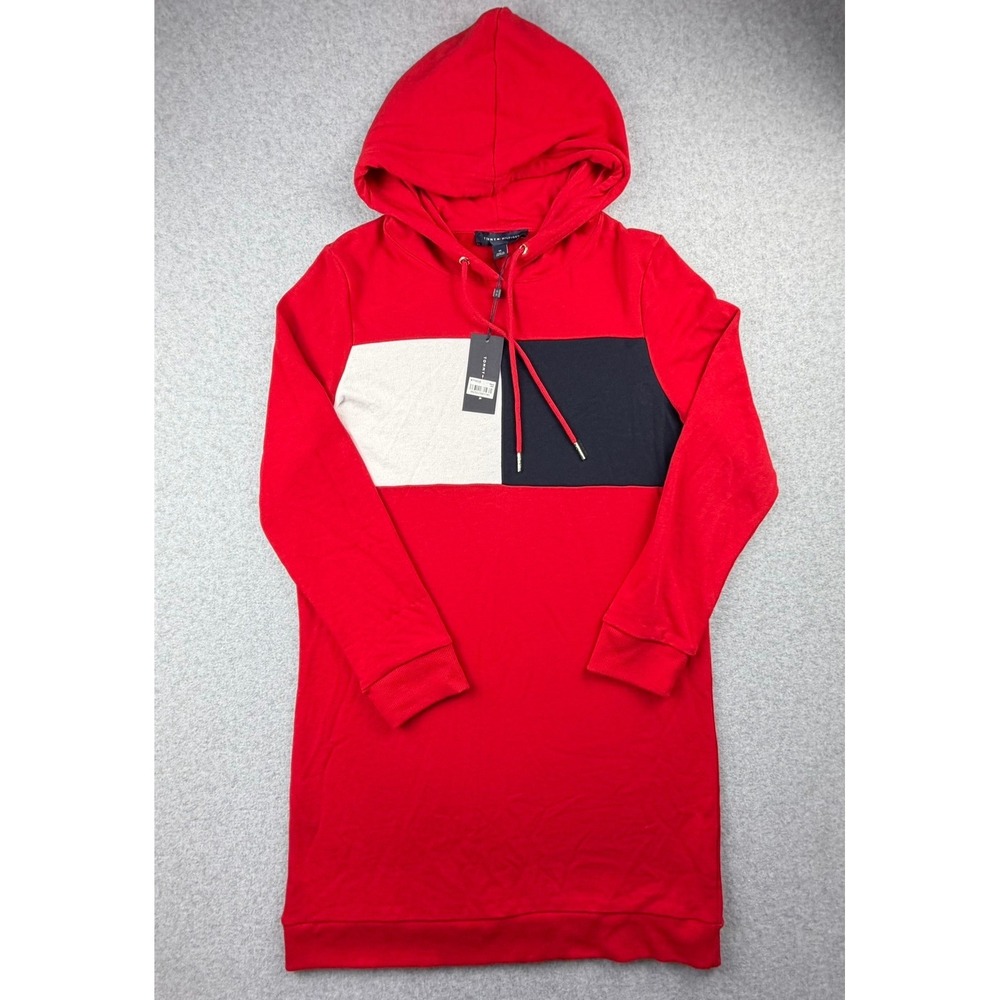 Tommy Hilfiger Womens Red Colorblock Hooded Sweatshirt Dress Medium NWT